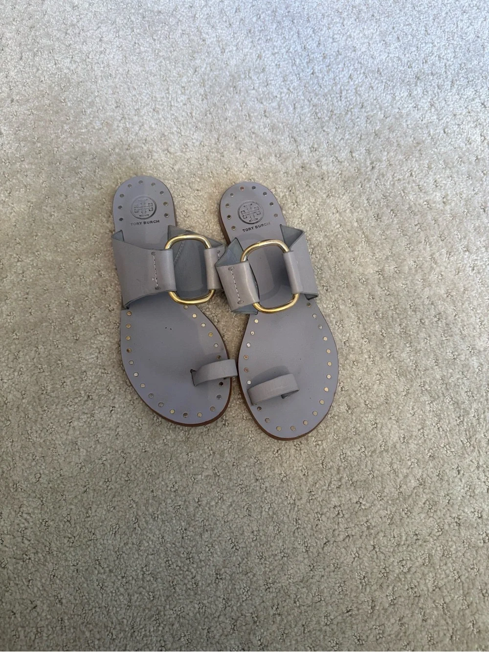 Tory Burch Pale Lavender Leather Slide Sandals with Gold Ring